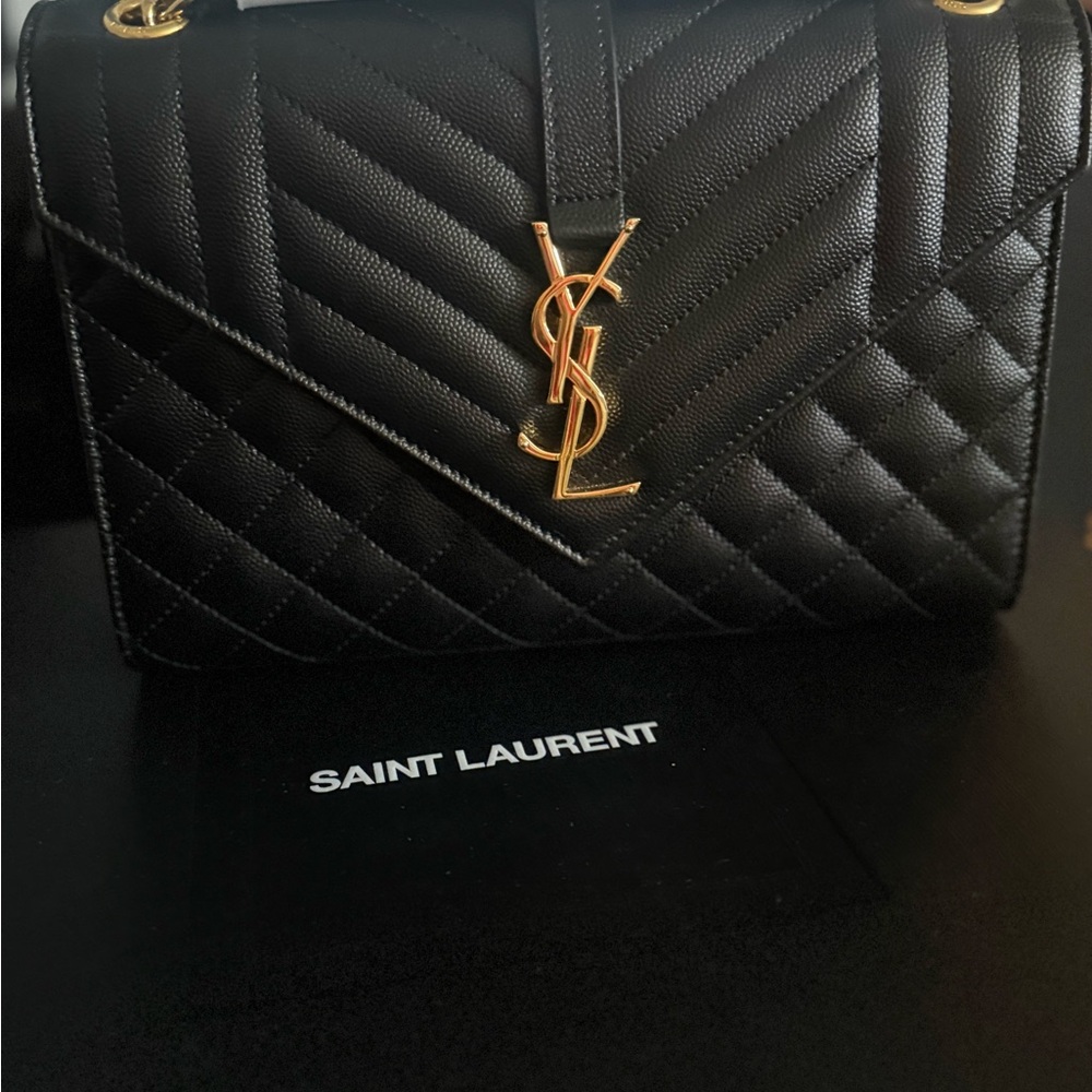 Saint Laurent Quilted Black Shoulder Bag with Gold Logo